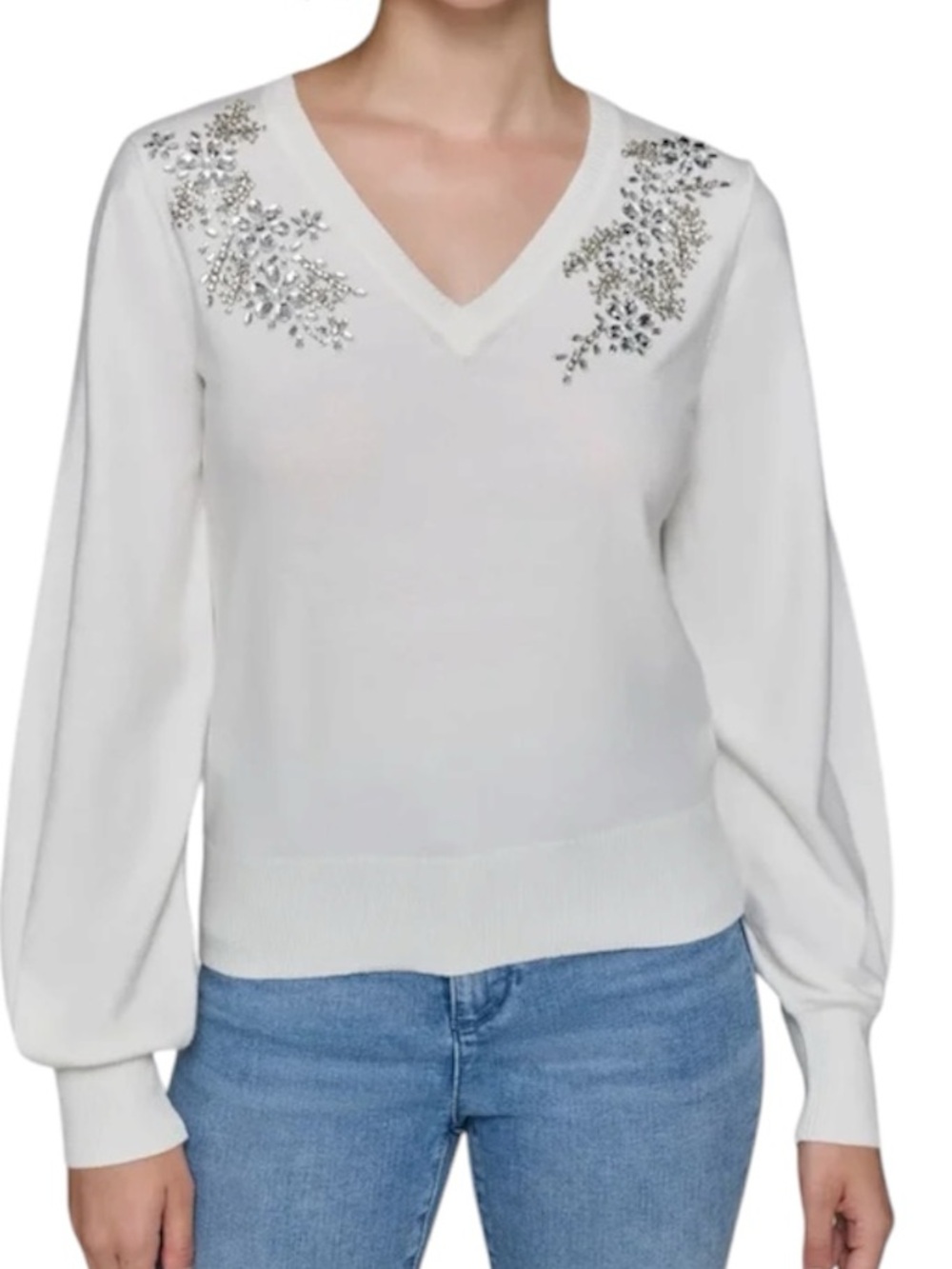 Karl Lagerfeld White V-Neck Sweater with Silver Embellishments